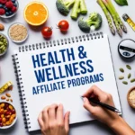 Flat lay of healthy foods, fitness items, and a person writing "health and wellness affiliate programs" in a notebook.