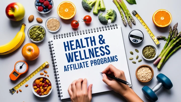 Flat lay of healthy foods, fitness items, and a person writing "health and wellness affiliate programs" in a notebook.